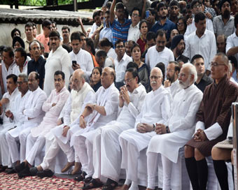 New Delhi: Vice President M. Venkaiah Naidu, Lok Sabha Speaker Om Birla, Prime Minister Narendra Modi, Union Ministers Amit Shah, Nitin Gadkari, Rajnath Singh, Prakash Javadekar, BJP leaders LK Advani, JP Nadda and AAP Rajya Sabha MP Sanjay Singh att