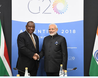 Buenos Aires: Prime Minister Narendra Modi meets South Africa President Cyril Ramaphosa, on the sidelines of the G20 Summit, in Buenos Aires, Argentina on Dec 1, 2018. (Photo: IANS/PIB)