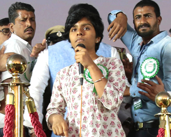 Bengaluru: Bengaluru: Karnataka police officials detain a student activist Amulya Leona, after she raised pro Pakistan slogans during a protest meeting against CAA, NRC and NPR organised by Hindu Muslim Sikh Isaai Federation, at Freedom Park in Benga